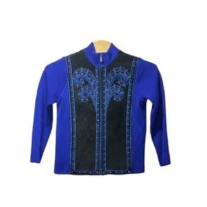 Bob Mackie Wearable Art Womens Leather Art Embroidered Jacket Knit Sleeves Sz‎ M